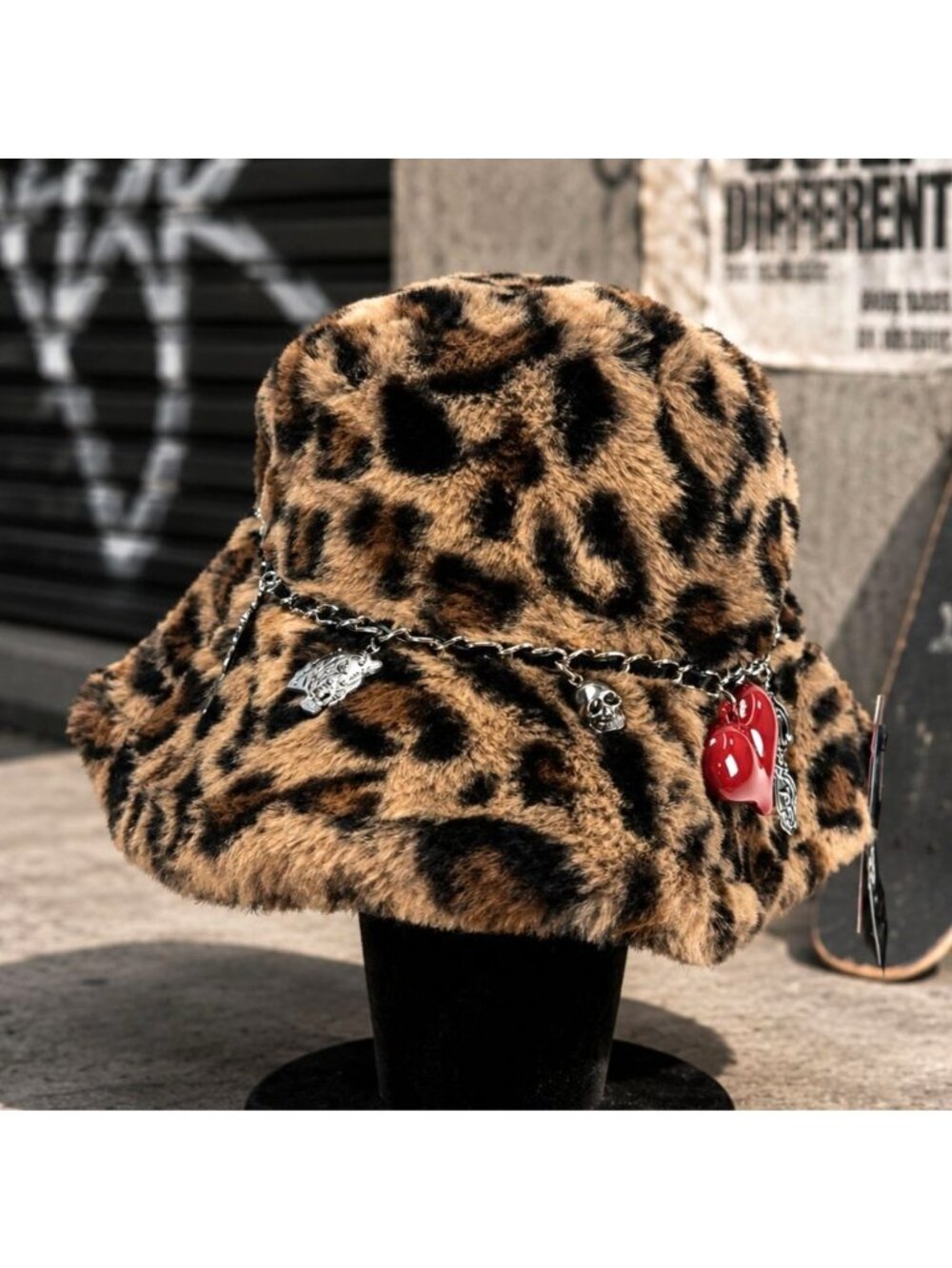 Ed Hardy Womens Bucket Hat Leopard Animal Print Faux Fur w Chain Accents NWT
